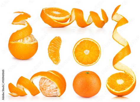 Collection Of Orange Slice And Orange Peeled Skin Isolated Whit Stock