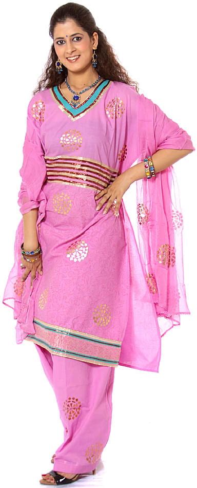 Pink Salwar Kameez Fabric With Painted Bootis And Gota Work