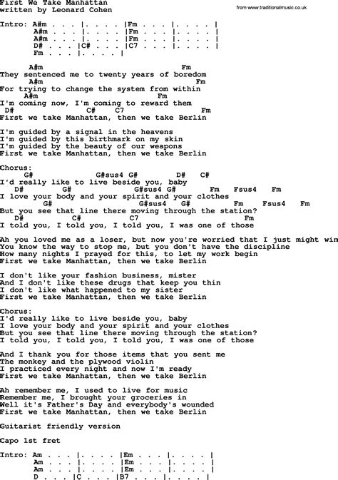 Leonard Cohen Song First We Take Manhattan Lyrics And Chords