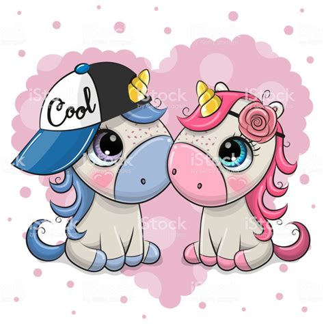 Two Cute Cartoon Unicorns On A Heart Background Imagenes De