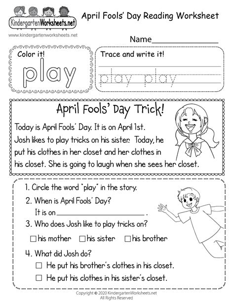 Free Printable April Fools Reading Worksheet For Kindergarten