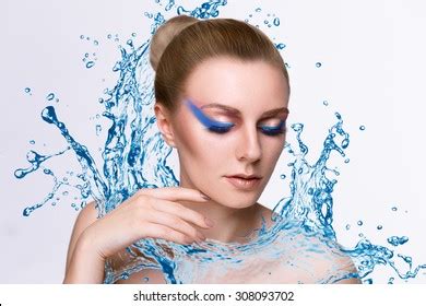 Naked Beautiful Woman Wet Splashing Waterskin Stock Photo