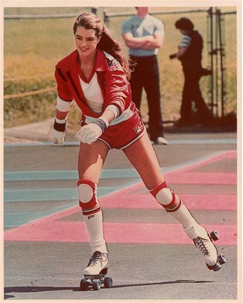 S Sporty Brooke Shields Roller Skating In Red Fila Jog Shorts Roller Skating Outfits Roller