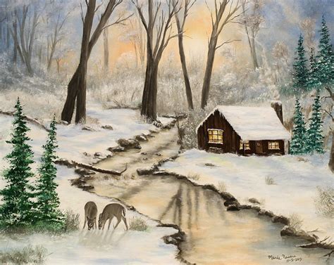Cabin In Snow Landscape Original Oil Painting 16in X 20in