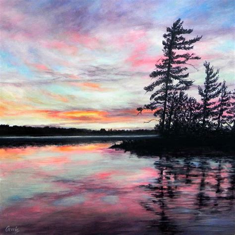 Sunset Lake Tree Reflection Muskoka Painting 16x16 Acrylic Sky