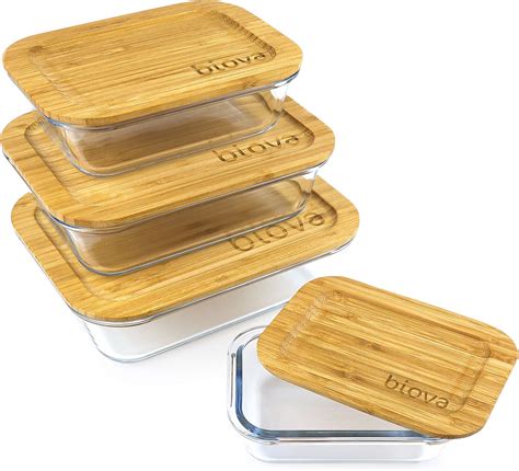 Biova Set Of 4 Rectangular Glass Food Storage Containers With Eco Friendly Bamboo Lids Multi