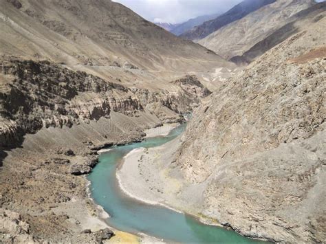 An Aerial View Of The Indus River Flowing Through A Gorge Stock Image