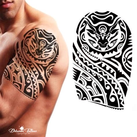 Tribal Temporary Tattoo Polynesian Bull Maori Shoulder Arm Black Mens