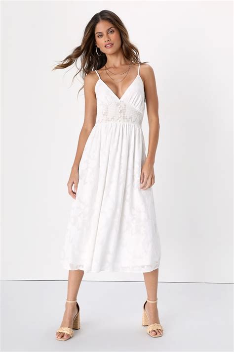 White Midi Dress Floral Jacquard Midi Dress Smocked Dress Lulus