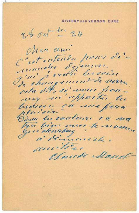Autograph Letter Signed De Monet Claude French Painter 1840 1926