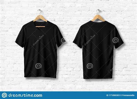 Black T Shirt Mock Up On Wooden Hanger Front And Rear Side View Stock