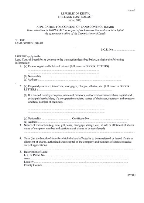 Application For Consent Of Land Control Board Form 1 Republic Of