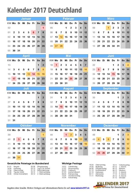 Mit farblich markierten bundesweiten feiertagen und kalenderwochen. KALENDER 2017 zum Ausdrucken | PDF-Vorlagen