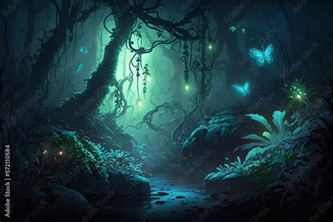 A Serene Scene Of Pandoras Bioluminescent Forest At Night With