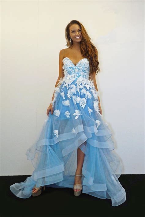 Sweetheart Light Blue High Low Prom Dress With White Lace Appliques