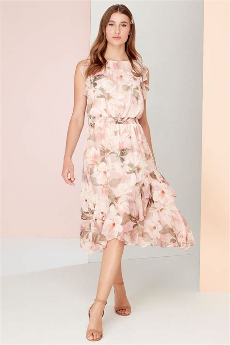 Floral Frill Fit And Flare Midi Dress In Light Pink Dresses Women