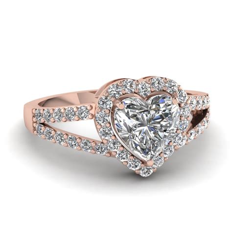 1 carat moissanite engagement ring with natural diamonds in 18k rose gold, diamond alternative engagement ring. Heart Halo Split Diamond Engagement Ring In 14K Rose Gold | Fascinating Diamonds