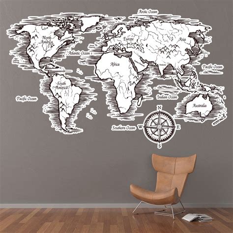 Vintage Black And White World Map Wall Sticker