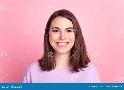 Photo Of Young Cheerful Charming Lady Good Mood Toothy Smile Clinic