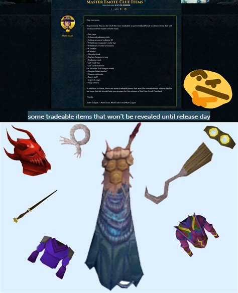 Calling the unrevealed tradeable master clue emote items right now. : r