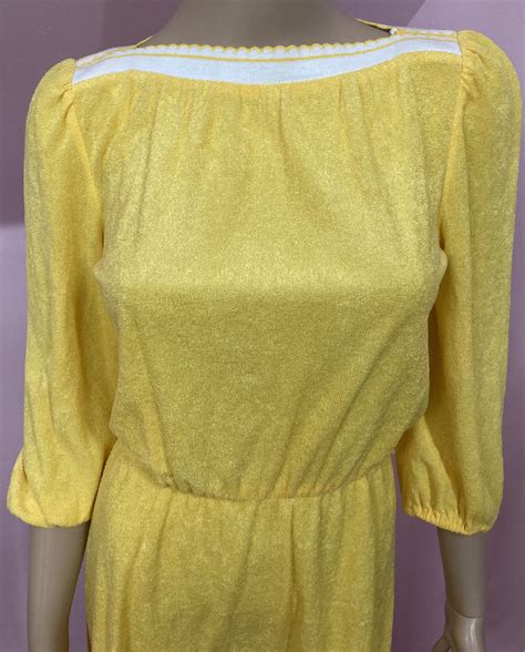 Vintage 70s Yellow Terry Cloth Dress With White Trim Small To Medium Etsy Uk