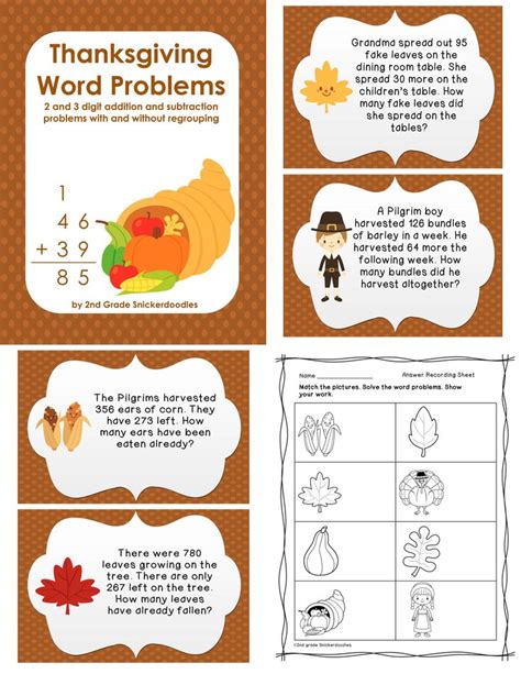 Each sheet consists of a range of 5 addition and subtraction word problems with numbers up to thousands. Thanksgiving word problems: 2 and 3 digit addition ...