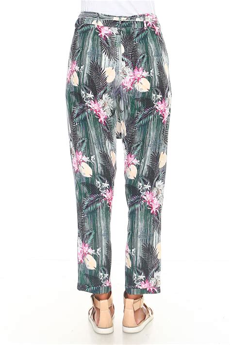 Geman Womens Tropical Print Capri Ankle Length Pants Tie Waist Floral