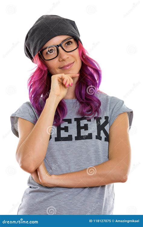 Studio Shot Of Geek Girl Thinking While Looking Up Stock Image Image