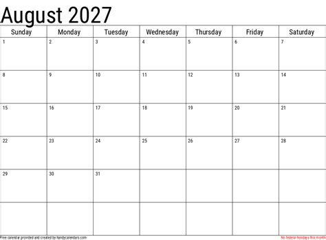 August 2027 Calendar With Holidays Handy Calendars
