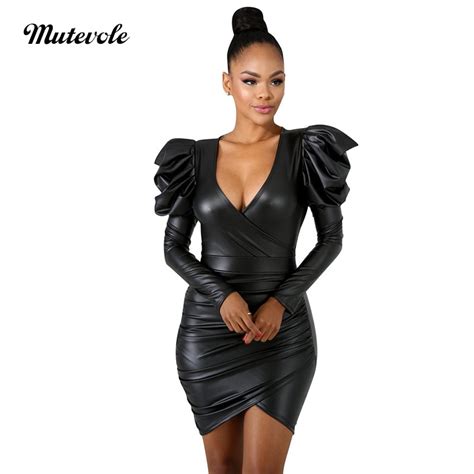 Mutevole Womens Sexy Black Pu Leather Mini Dress Long Sleeve Deep V