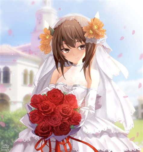 Safebooru 1girl Alexzhang Alternate Costume Bouquet Bridal Veil Bride