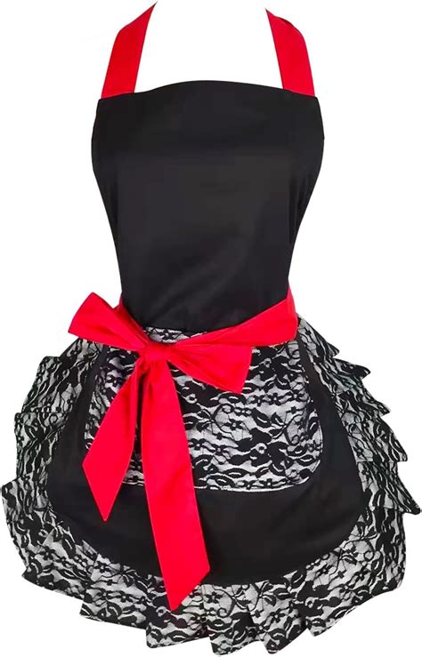 black lace flirty apron with pocket floosum fun retro sexy cooking pinup aprons for women girls