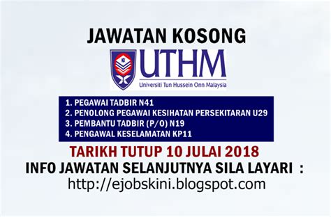 Jawatan kosong kosong terkini di malaysia dari syarikat terpercaya. Jawatan Kosong Universiti Tun Hussein Onn Malaysia (UTHM ...