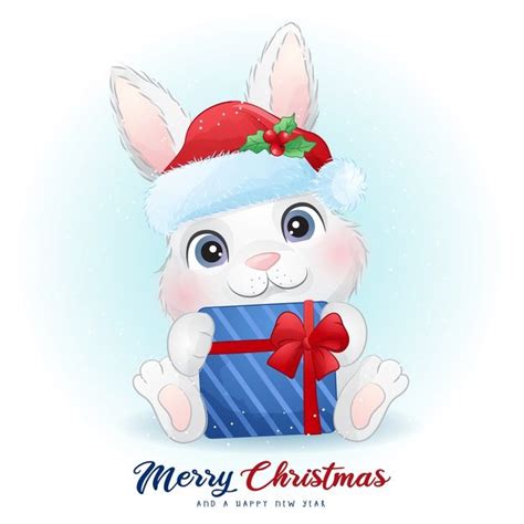Cute Bunny For Christmas Day With Watercolor Illustration Christmas