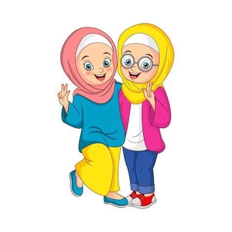 Premium Vector Two Happy Muslim Girl Cartoon