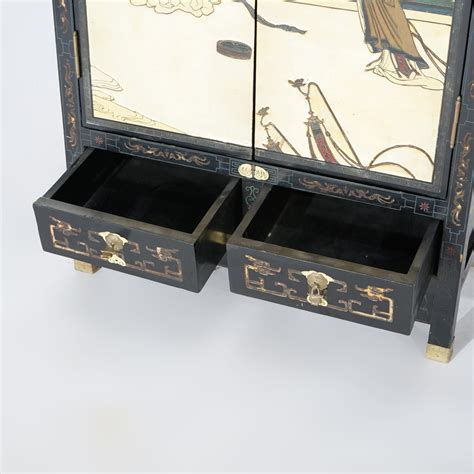 Chinoiserie Decorated Black Lacquer Cabinet With Spiritual Scene 20th C At 1stdibs