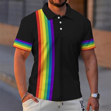 men s polo shirt lapel polo button up polos golf shirt rainbow graphic prints turndown black