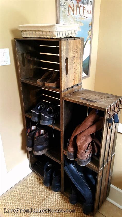 Cutting the wood and connecting them with long screws. DIY Wooden Crate Shoe Rack - Live from Julie's House
