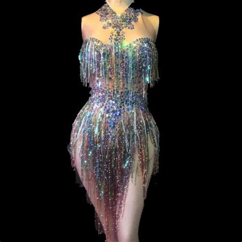 Women Fashion Stage Bodysuit Colorful Tassel Sparkling Crystals Jumpsuit Nightclub Party Stage