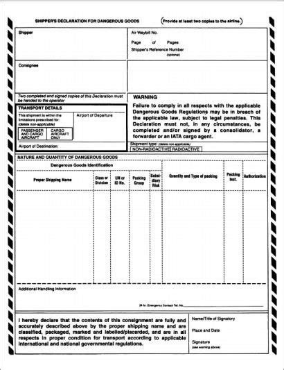 Shipper S Declaration For Dangerous Good Printable Form Printable