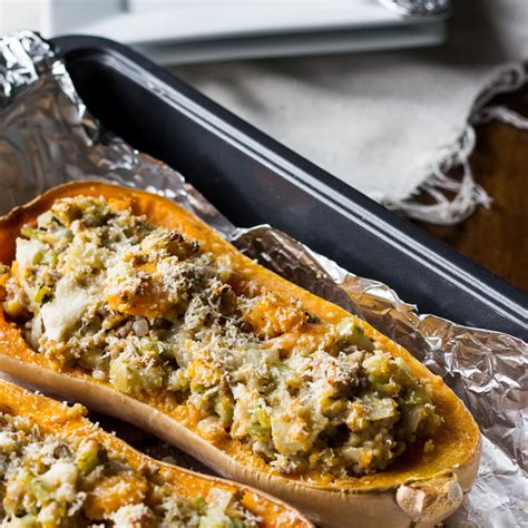 Roasted Butternut Squash With Turkey Stuffing Healthy Thanksgiving