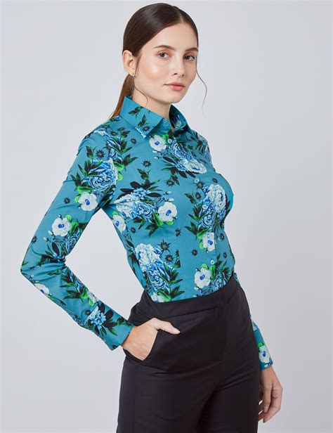 Womens Teal And Blue Floral Fitted Shirt Single Cuff Hawes And Curtis