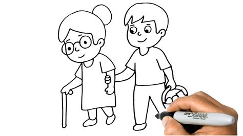 How To Draw A Boy Helping Grandma Easy Step By Step Youtube