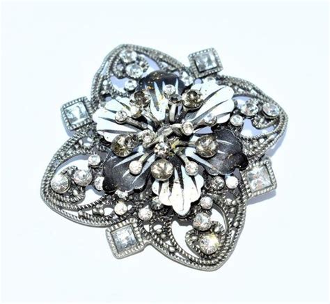 Sparkly Rhinestone Diamante Black And Silver Coloured Floral Flower