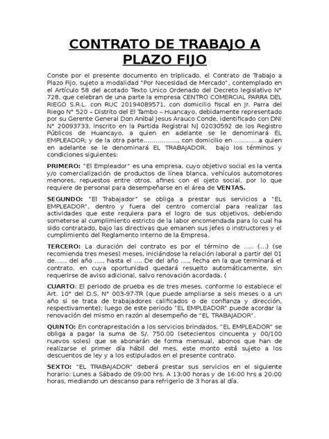 Modelo De Contrato Laboral A Plazo Fijo Peru Financial Report