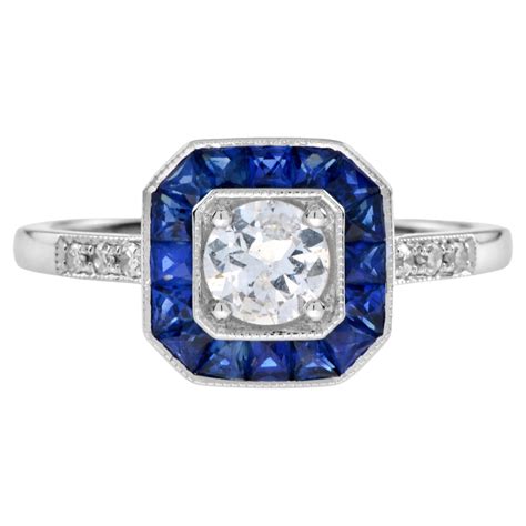 Art Deco Style Diamond With Sapphire And Emerald Engagement Ring In 18k