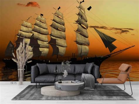 3d Sunset Sky Sea Sailing Ship Wallpaper Wall Murals Removable