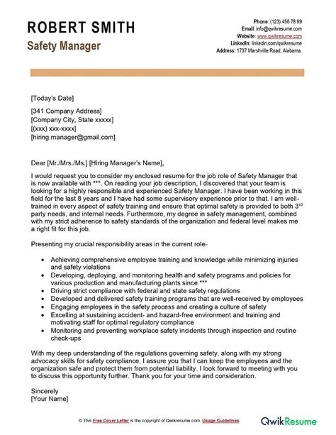 Safety Manager Cover Letter Examples Qwikresume
