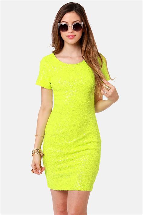Enlighten Me Neon Yellow Sequin Dress Neon Dresses Neon Fashion