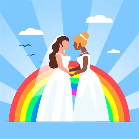 two lesbian in dresses holding hands in front of big pride rainbow flag women in love female